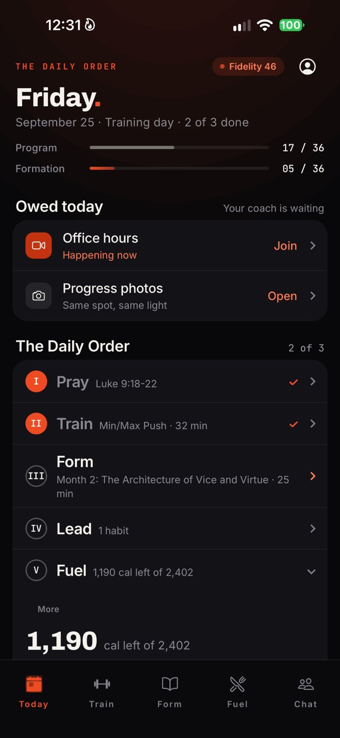 FORTUS Today screen showing The Daily Order: Pray, Train, Form, Lead, Fuel